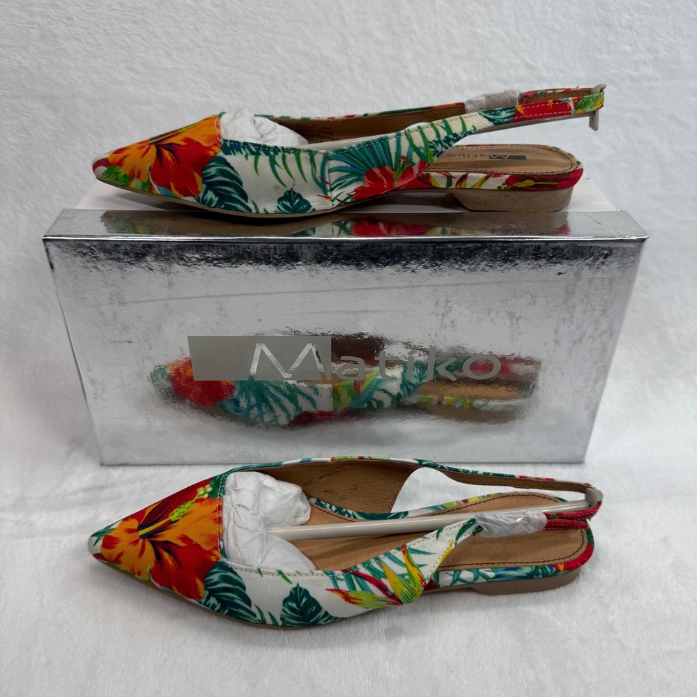 Matiko‎ Hawaiian Print Slingback Flats Pointed Toe Tropical Floral Shoes Size 36